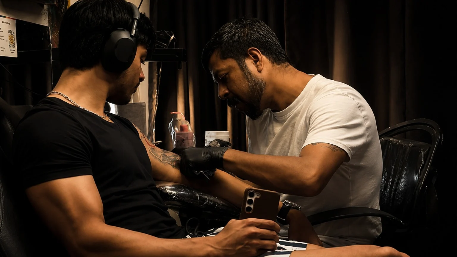 Chetan Salhotra tattooing at Inkspace Chetan Salhotra tattooing a seated client's forearm while the client listens to headphones during a session at Inkspace Tattoo Studio in Hauz Khas Village.