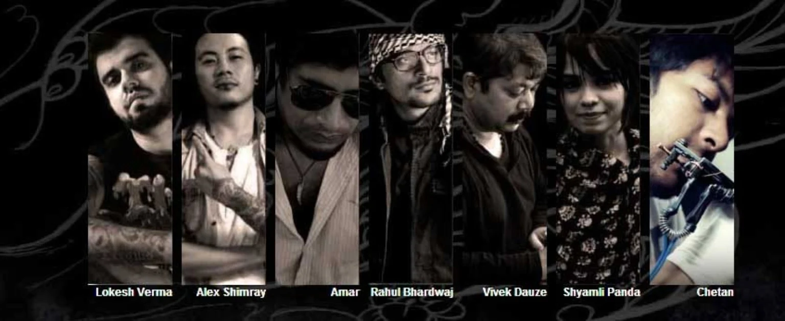 Archive line-up of Indian tattoo artists Archive convention line-up of Indian tattoo artists in portrait panels with their names printed beneath each photograph.