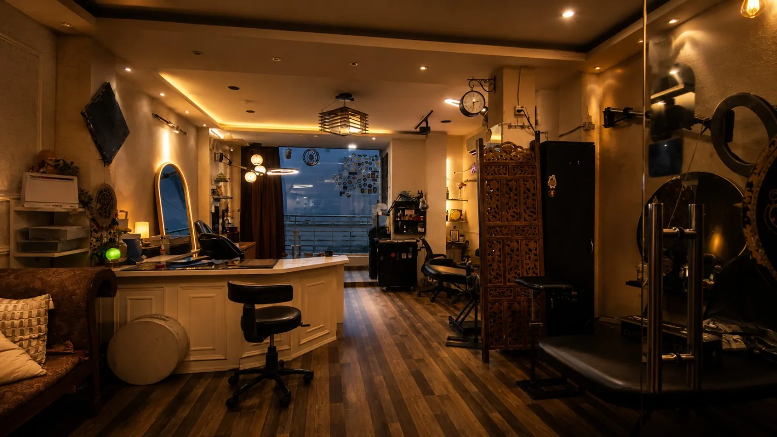 Inkspace Tattoo Studio interior, Hauz Khas Village Interior of Inkspace Tattoo Studio in Hauz Khas Village, New Delhi, with warm lighting, a reception counter, tattoo chairs and a carved wooden screen.