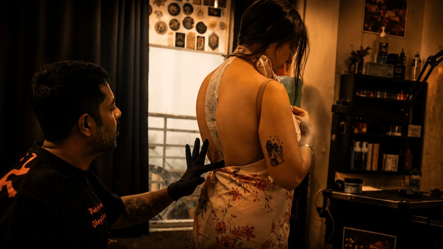 Stencil placement at Inkspace Tattoo Studio Tattoo artist in black gloves checking a large floral stencil placed across a client's back inside Inkspace Tattoo Studio, New Delhi.
